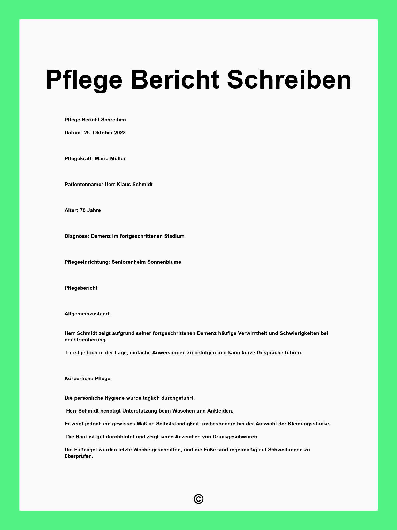 Pflege Bericht Schreiben