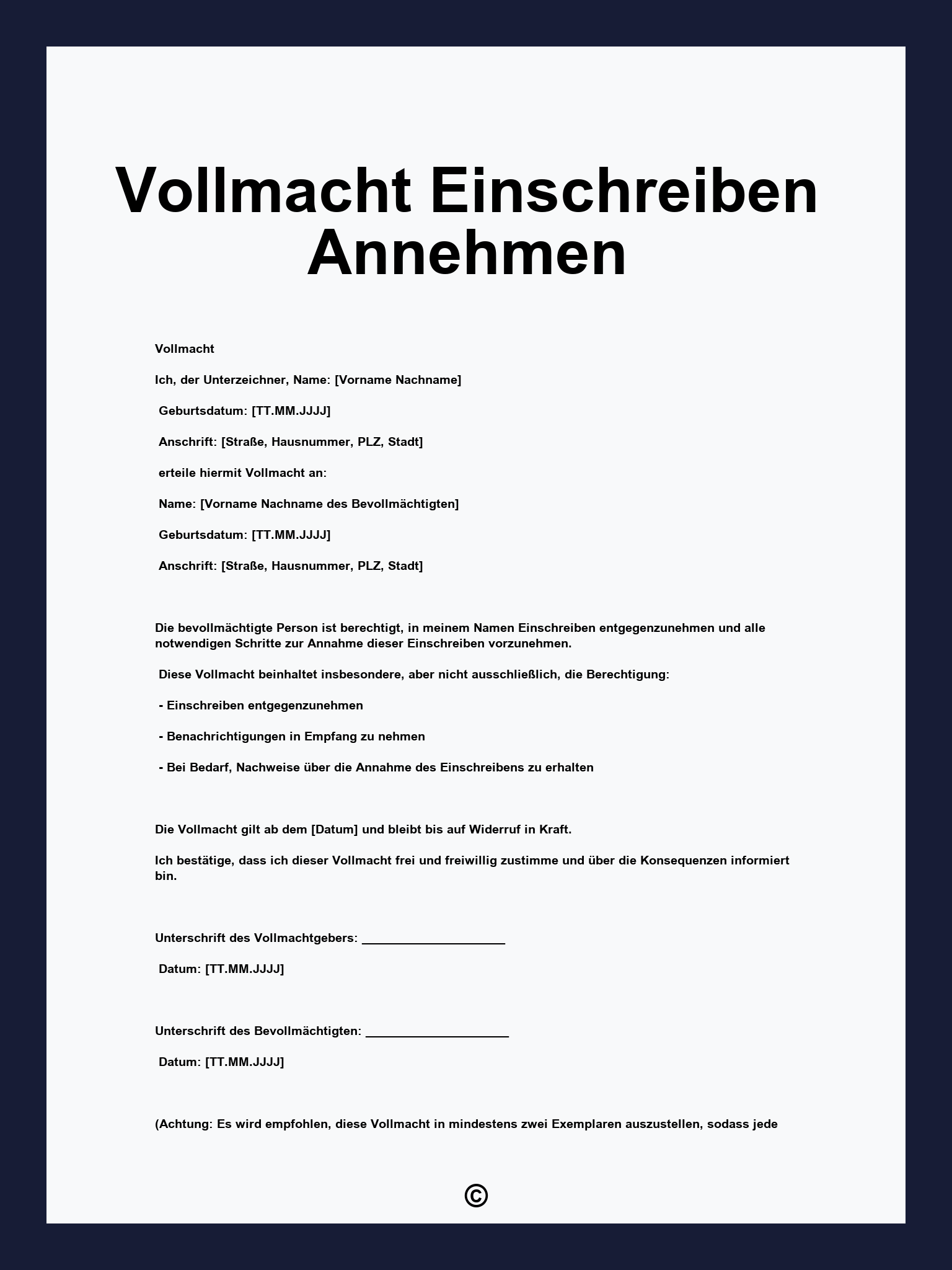 Vollmacht Einschreiben Annehmen